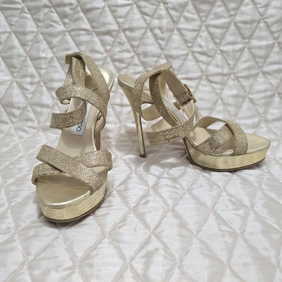 Jimmy Choo Glittering Gold Strappy Heels - Picture 2 of 8